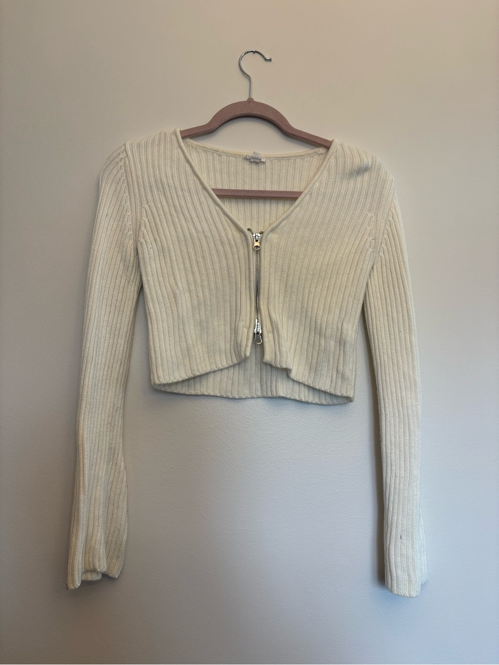 Garage White Ribbed V-Neck Zip Front Cropped Sweater